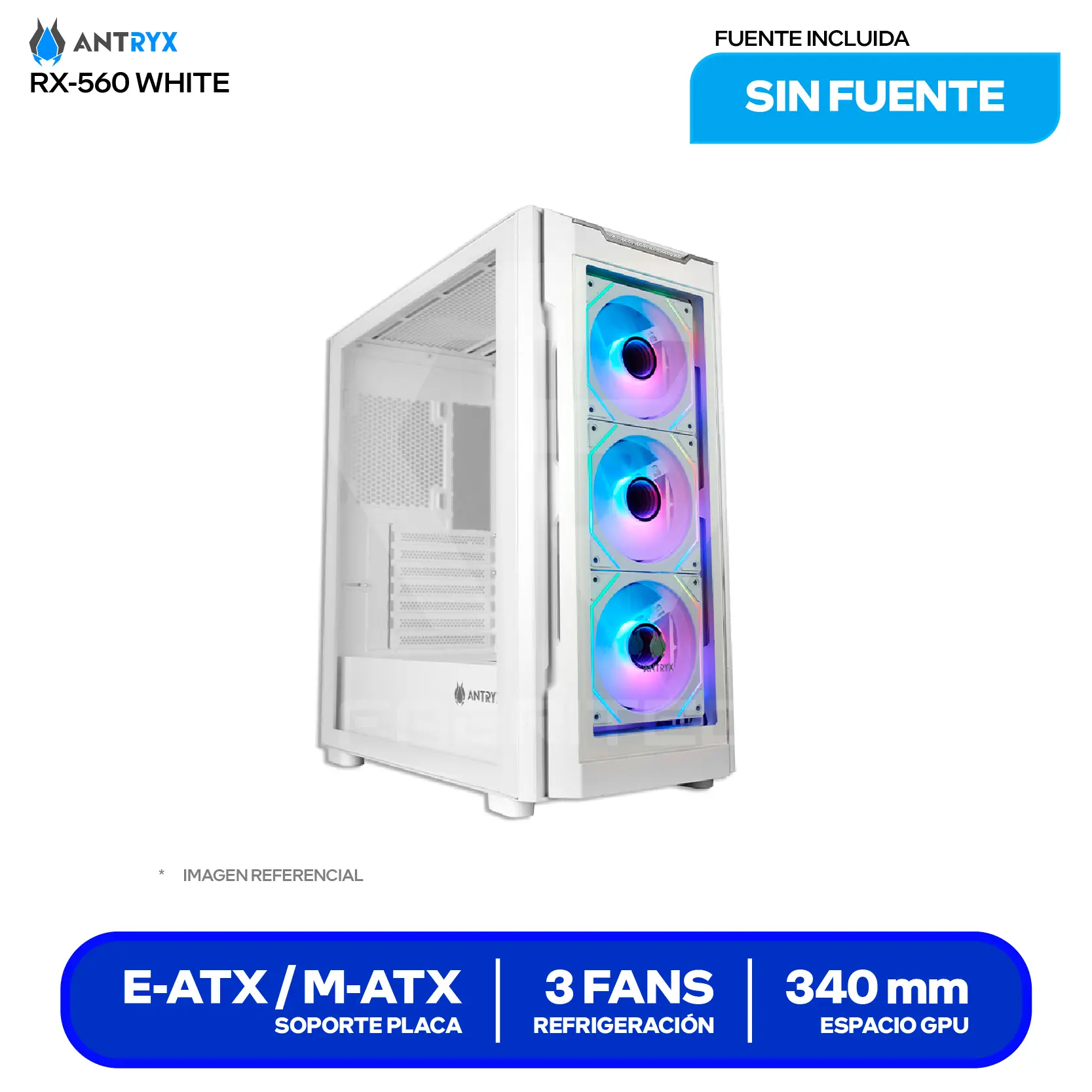 Case Gamer Antryx RX-560 White (AC-RX560W) Sin fuente, Vidrio templado, 3 fans ARGB