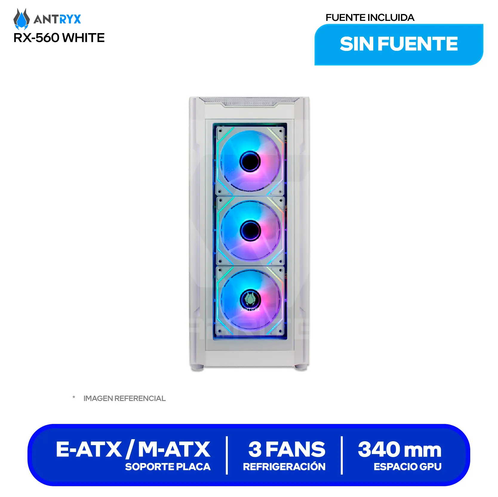 Case Gamer Antryx RX-560 White (AC-RX560W) Sin fuente, Vidrio templado, 3 fans ARGB