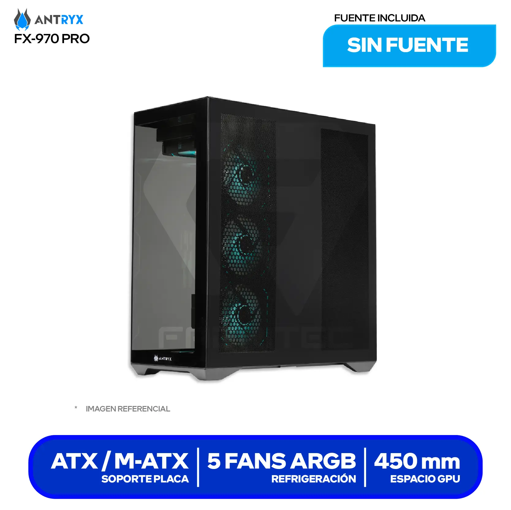 Case Gamer Antryx FX 970 Pro Black (AC-FX970KP) Sin fuente, Vidrio templado, 5 fans ARGB