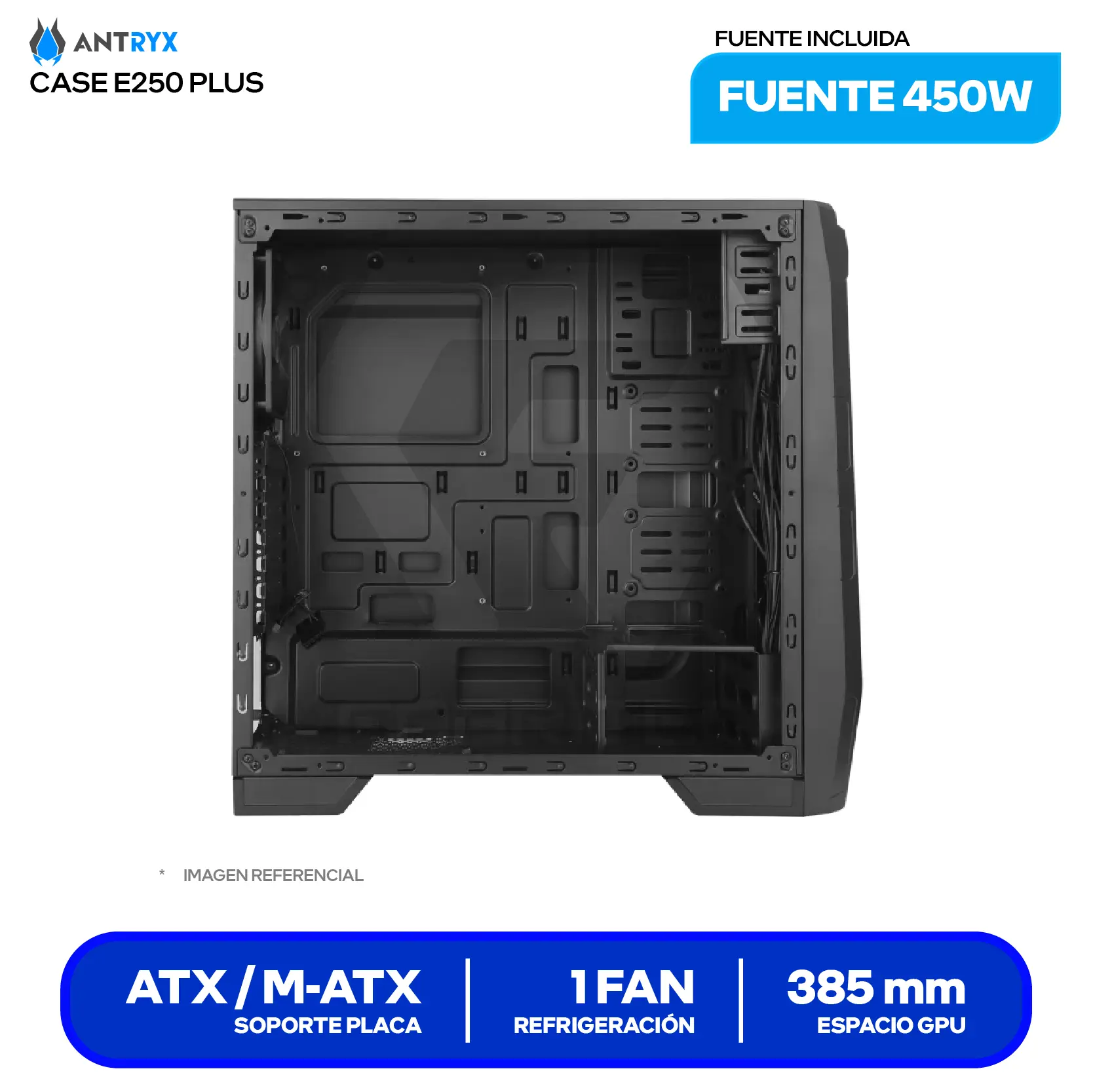 Case Gamer Antryx Xtreme E250 Plus (AC-XE250PKN-450CPR1) Sin fuente, 1 fan