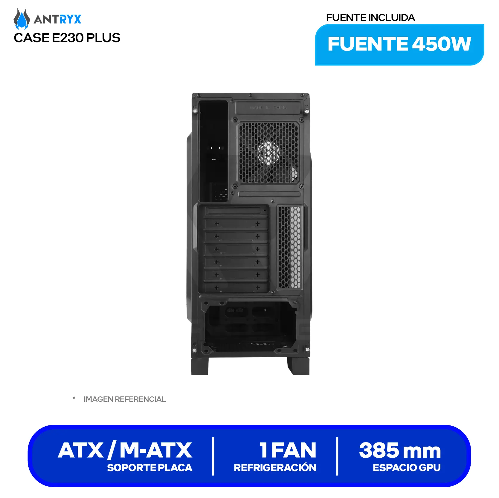 Case Gamer Antryx Xtreme E230 Plus (AC-XE230PSN-450CPR1) Sin fuente, 1 fan
