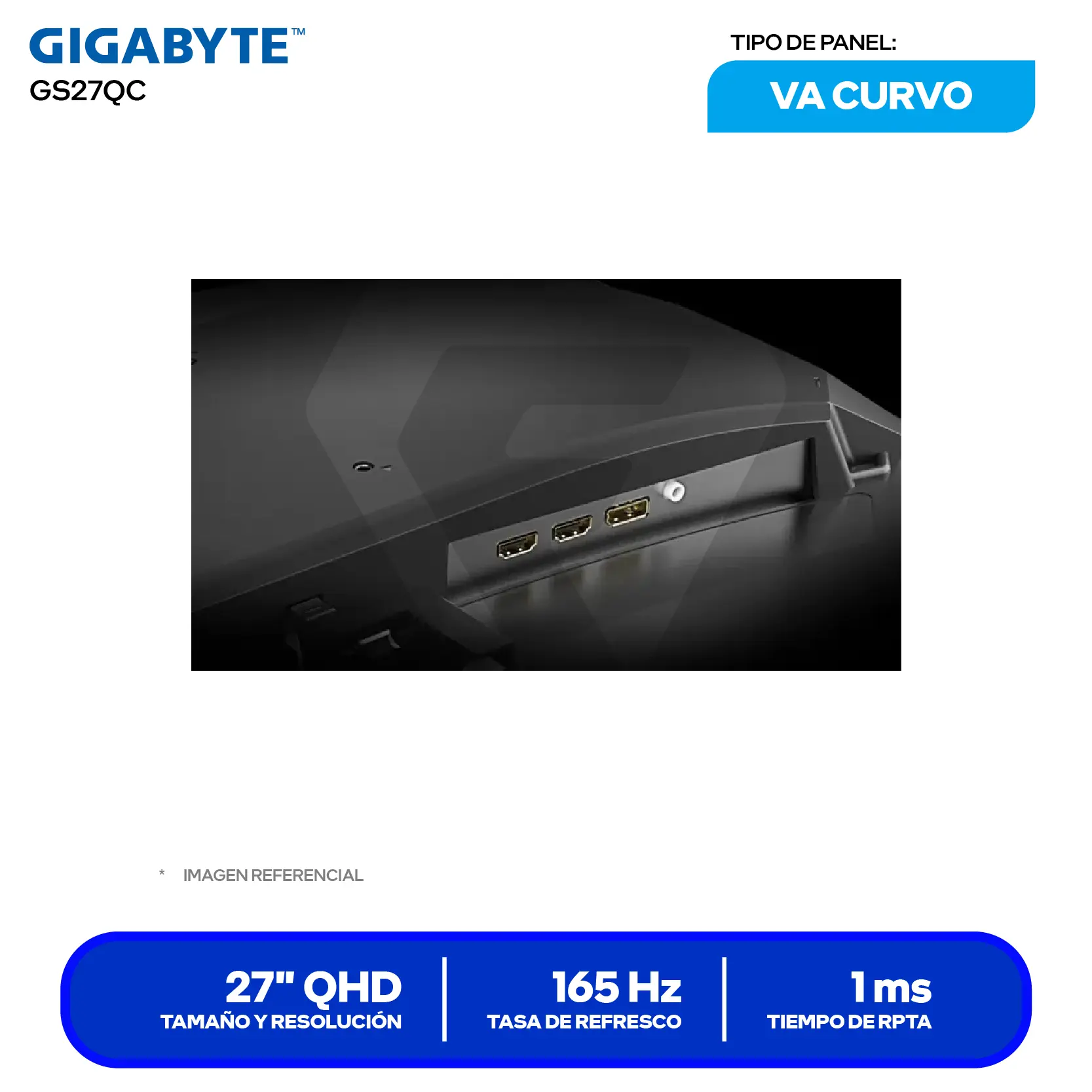 Monitor Gaming Gigabyte GS27QC 27" (20VM0-GS27QCBM-1SAR) QHD, 165Hz, 1ms, Curvo