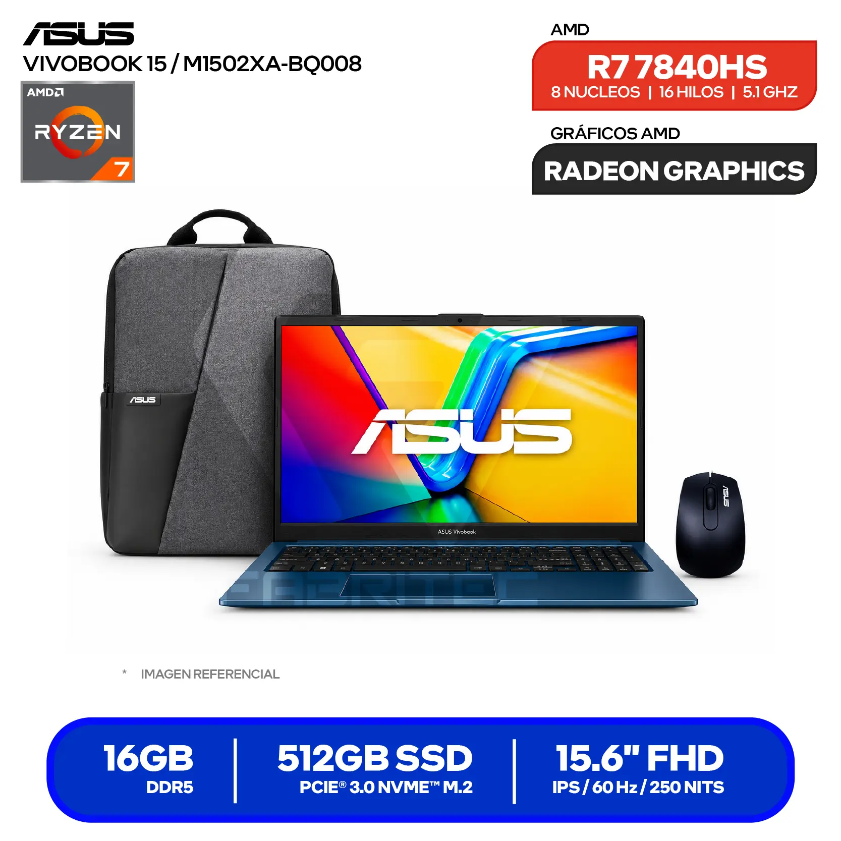 Laptop Asus Vivobook M1502XA-BQ008 (90NB19L1-M000B0) AMD Ryzen 7 7840, 8GB RAM, 512GB SSD, 15.6'' FHD, FreeDos
