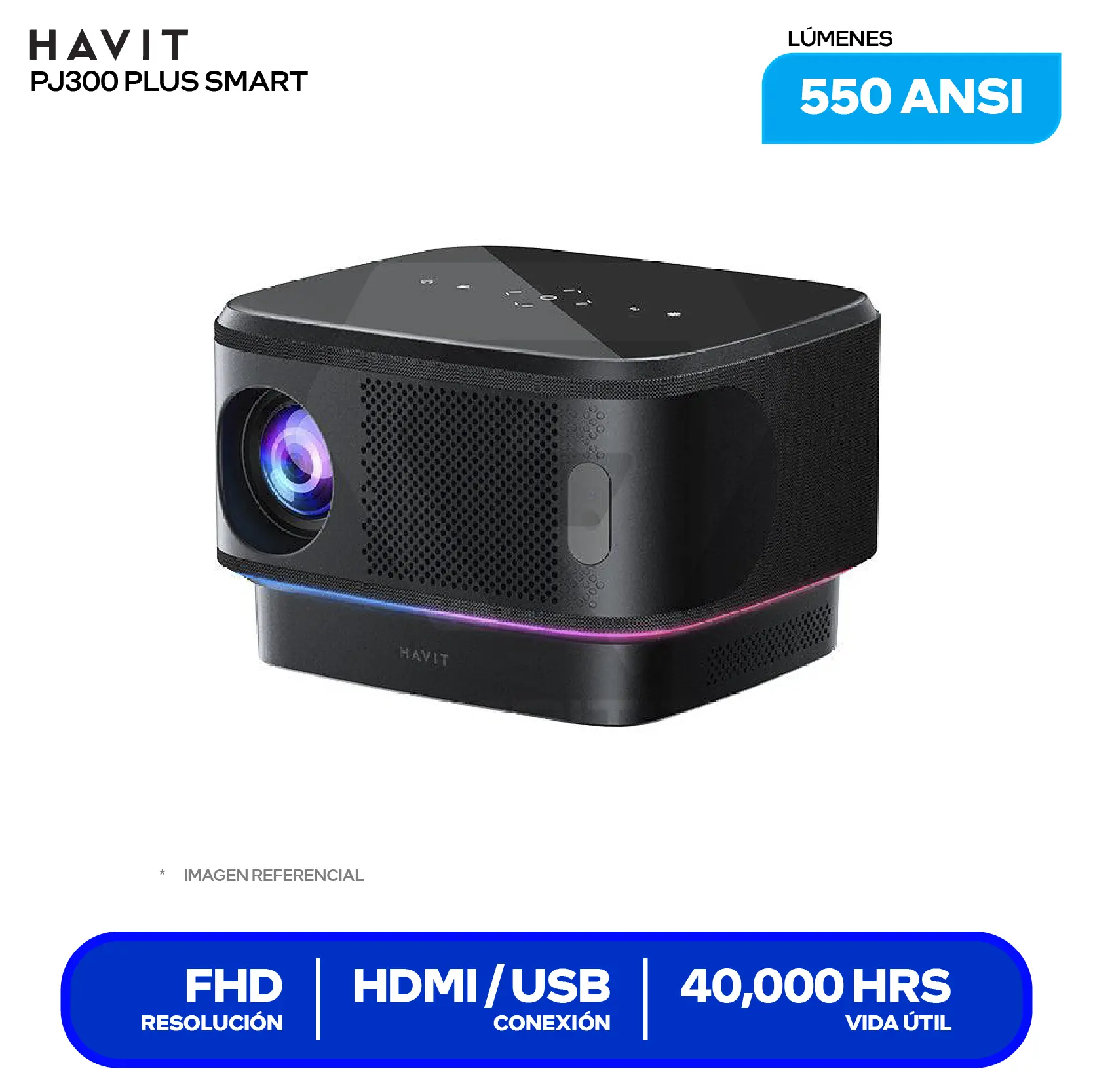 Proyector Havit PJ300 Plus Smart ( HVPJ-PJ300 PLUS-US-BK) 550 ANSI Lúmenes, Resolución 4K, Android TV 11.0