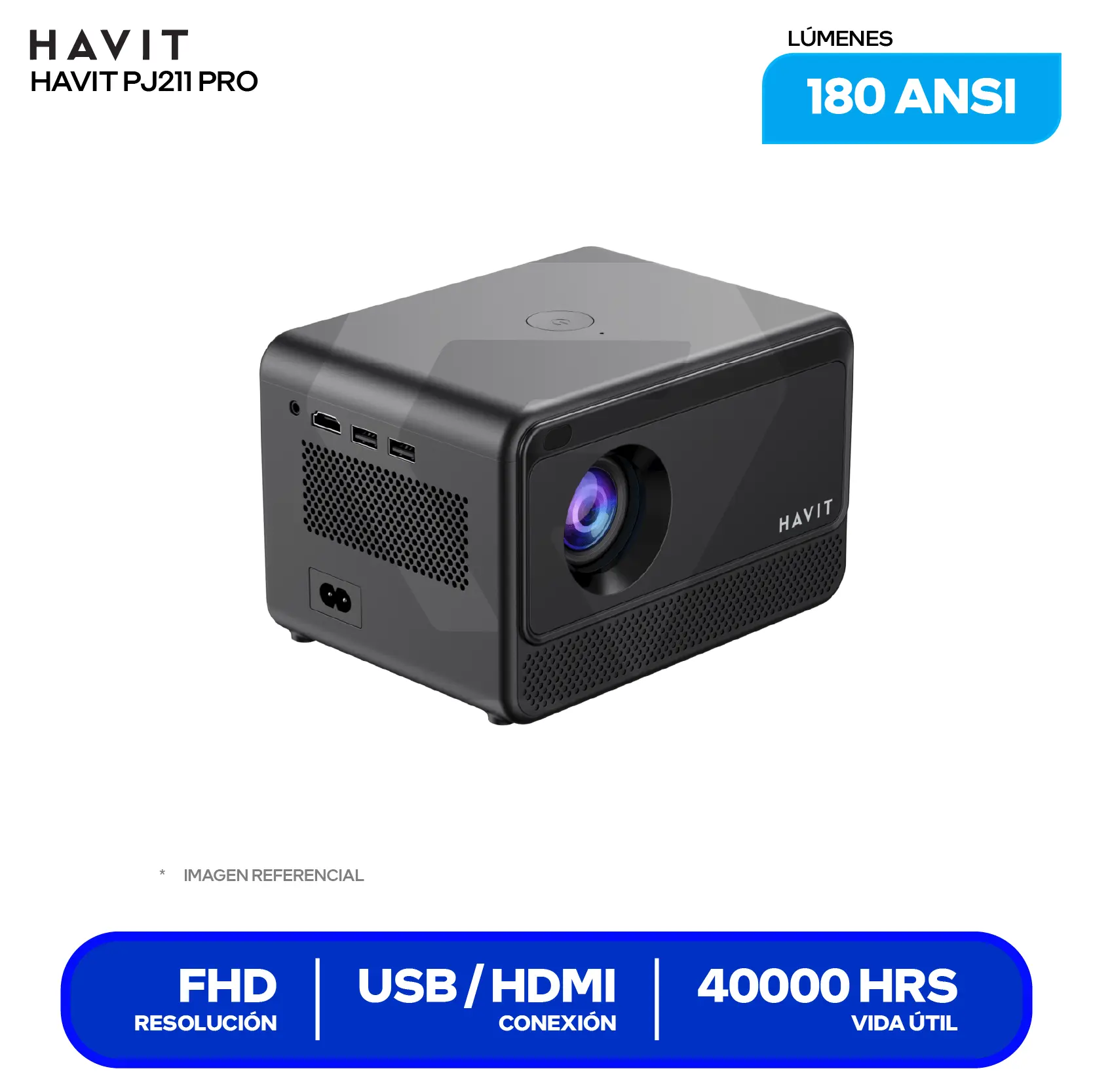Proyector Havit PJ211 Pro Smart (HVPJ PJ211 PRO US BK), 180 ANSI Lúmenes, Resolución 4K, Android TV 9.0