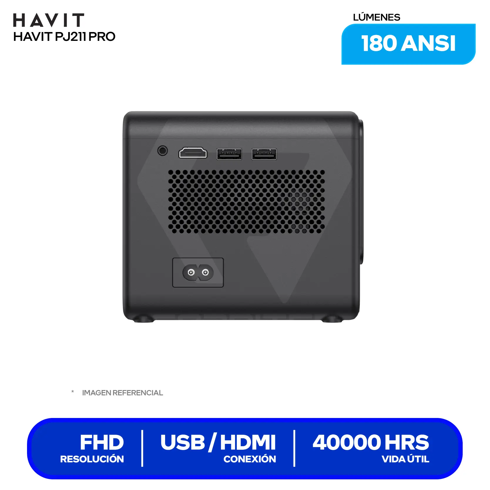 Proyector Havit PJ211 Pro Smart (HVPJ PJ211 PRO US BK), 180 ANSI Lúmenes, Resolución 4K, Android TV 9.0