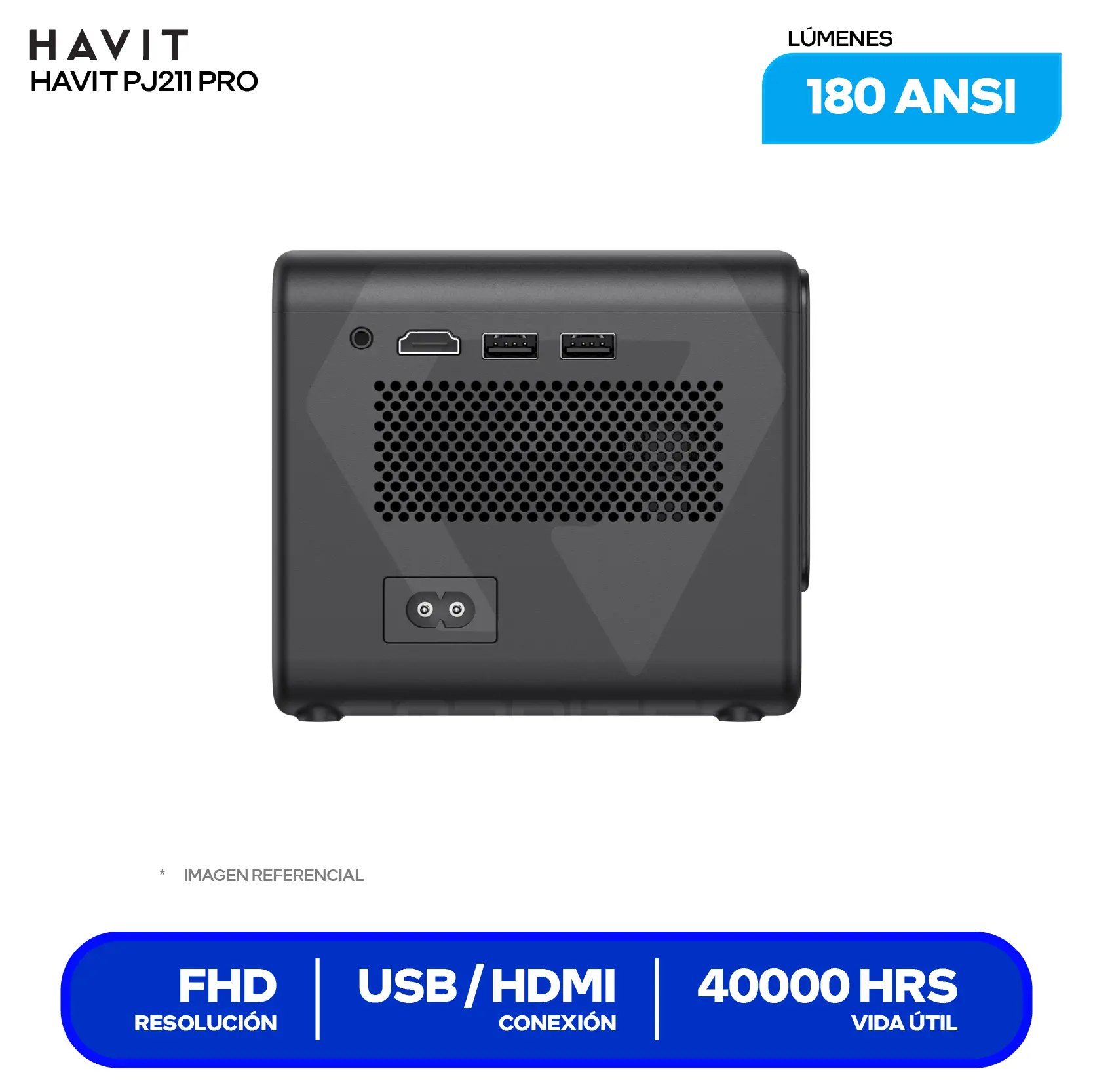 Proyector Havit PJ211 Pro Smart (HVPJ PJ211 PRO US BK), 180 ANSI Lúmenes, Resolución 4K, Android TV 9.0
