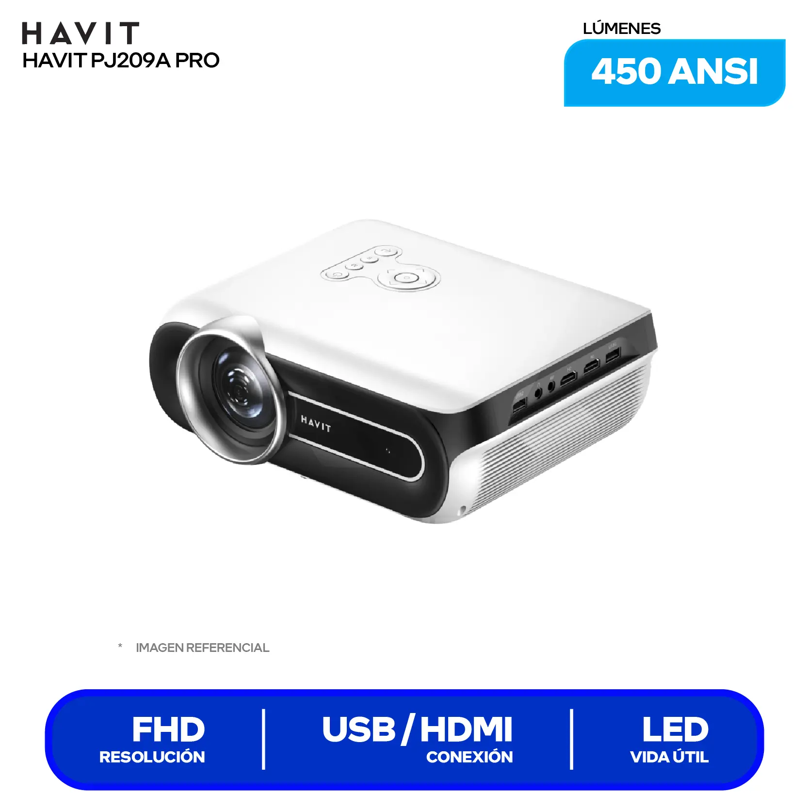 Proyector Havit PJ209A Pro Smart (HVPJ-PJ209A PRO-US-WH) 8,500 Lúmenes / 450 ANSI, Resolución 4K, Android TV 9.0