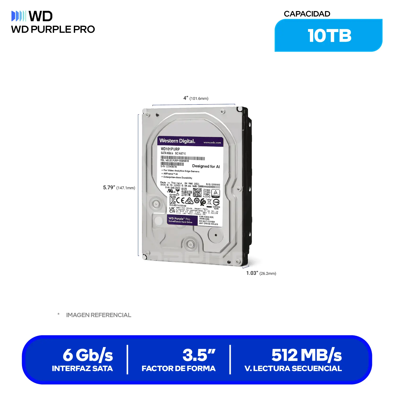 Disco Duro Externo Toshiba Canvio Basics 10TB (WD102PURP) 3.5" SATA, 7200 RPM, 512MB