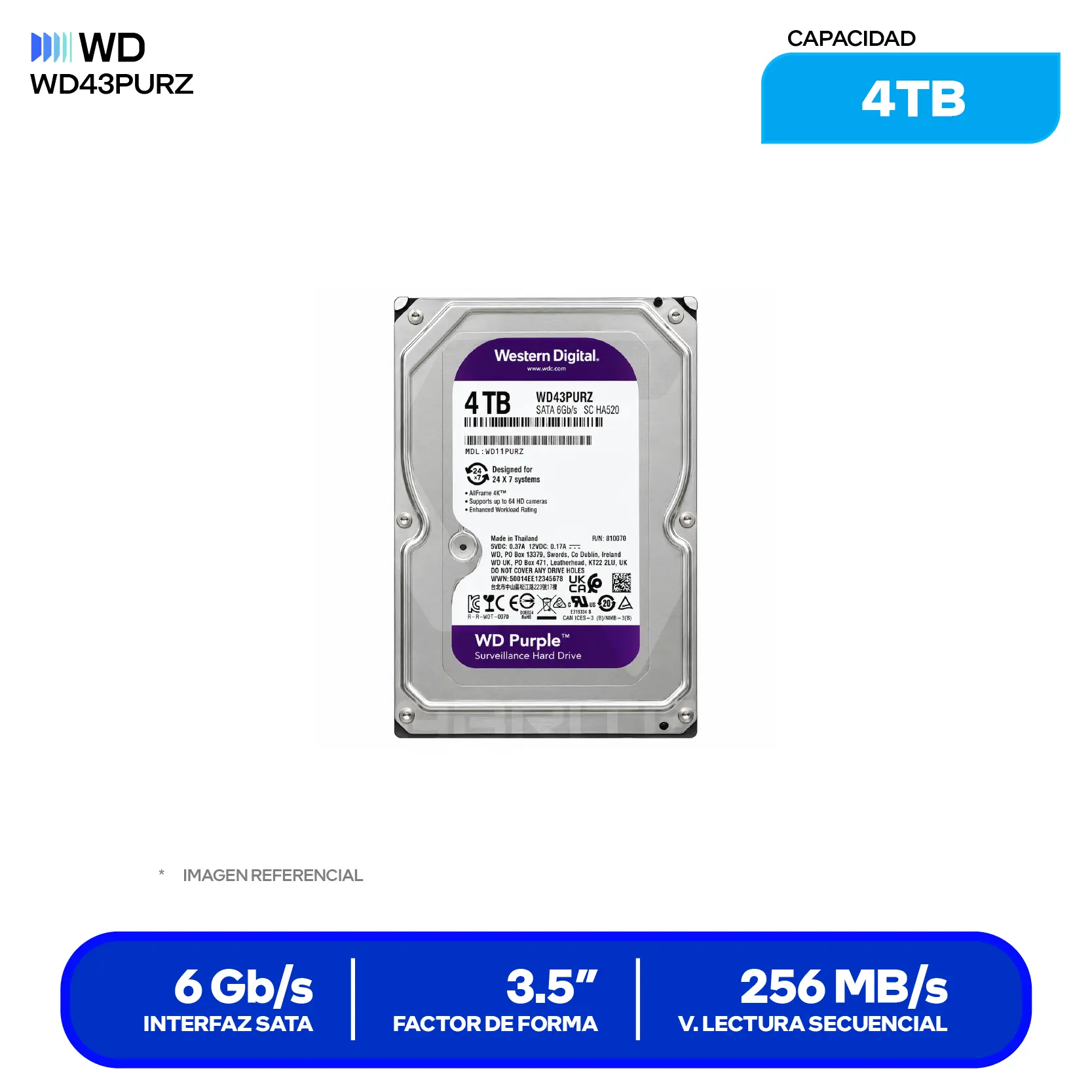 Disco Duro Western Digital Purpura 4TB (WD43PURZ) 3.5" SATA, 5400 RPM, 256MB