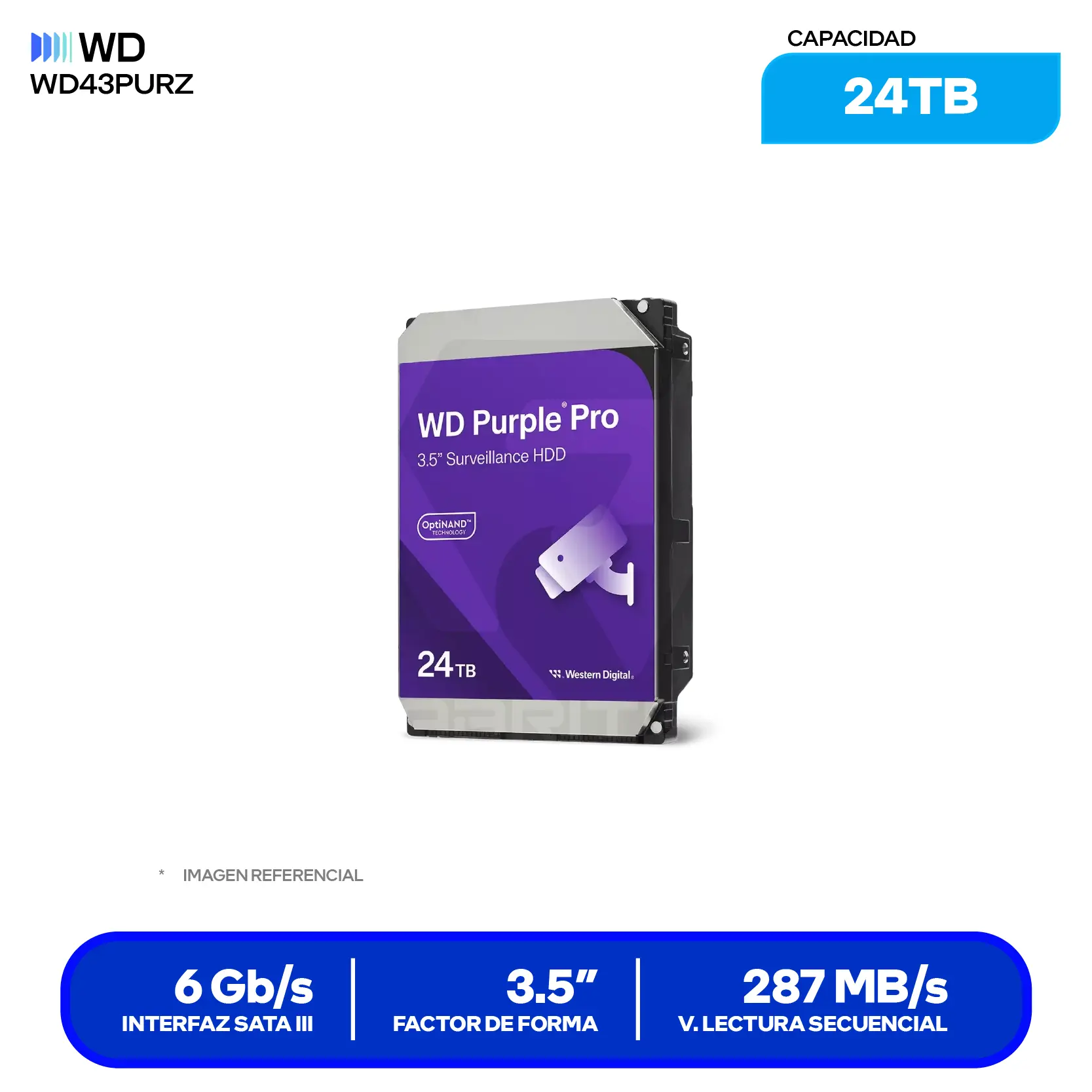 Disco Duro Western Digital Purpura 24TB (WD241PURP) 3.5" SATA, 7200 RPM, 512MB