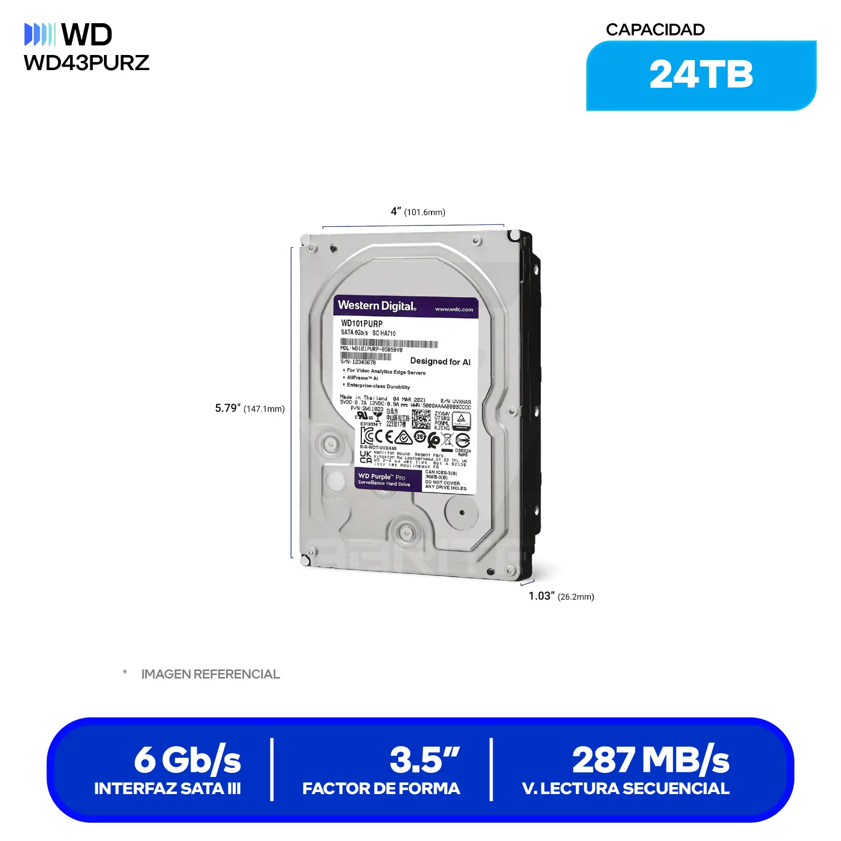 Disco Duro Western Digital Purpura 24TB (WD241PURP) 3.5" SATA, 7200 RPM, 512MB