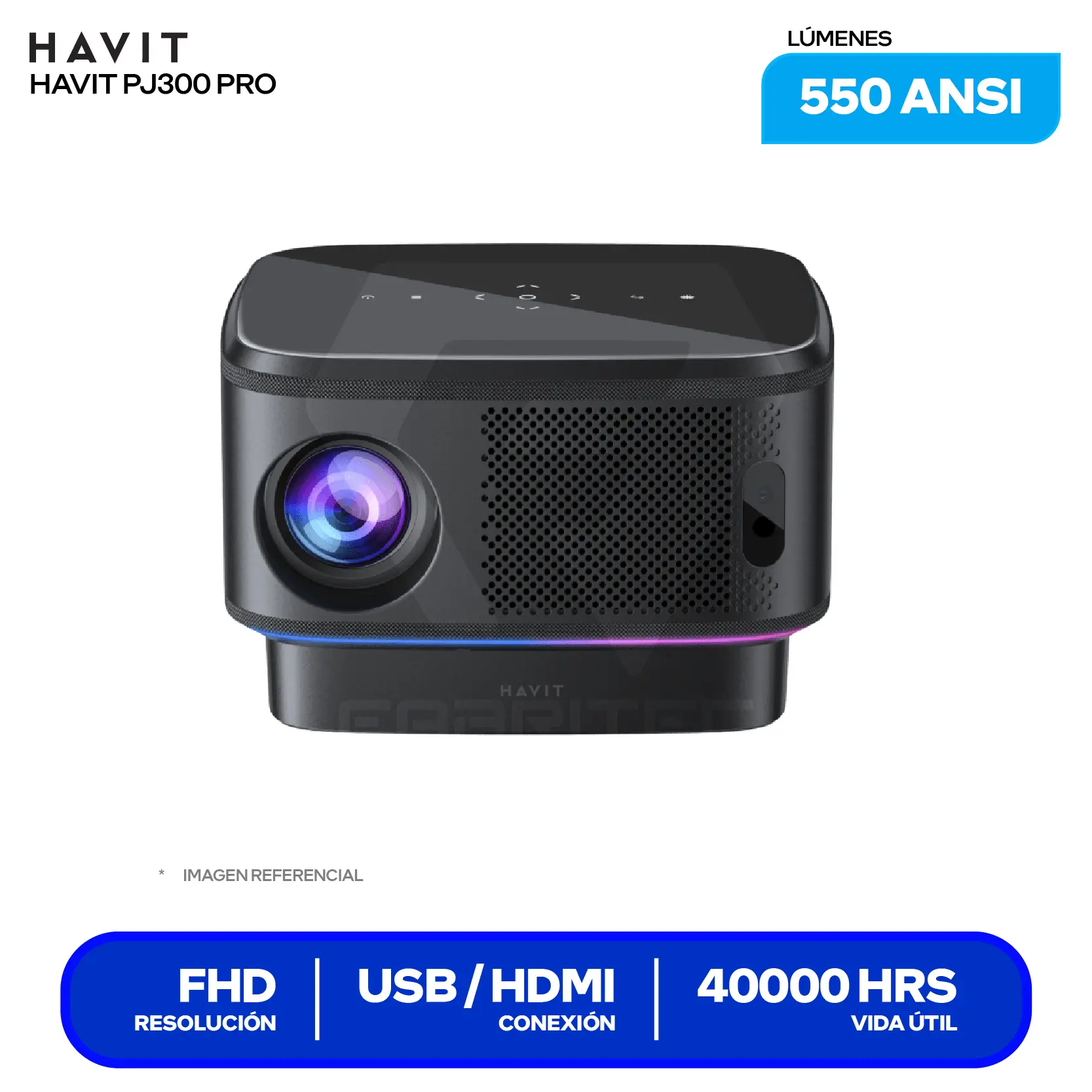 Proyector Havit PJ300 Pro Smart (HVPJ-PJ300PRO-US-BK)14,000 Lúmenes / 550 ANSI, Resolución 4K, Android TV 9.0