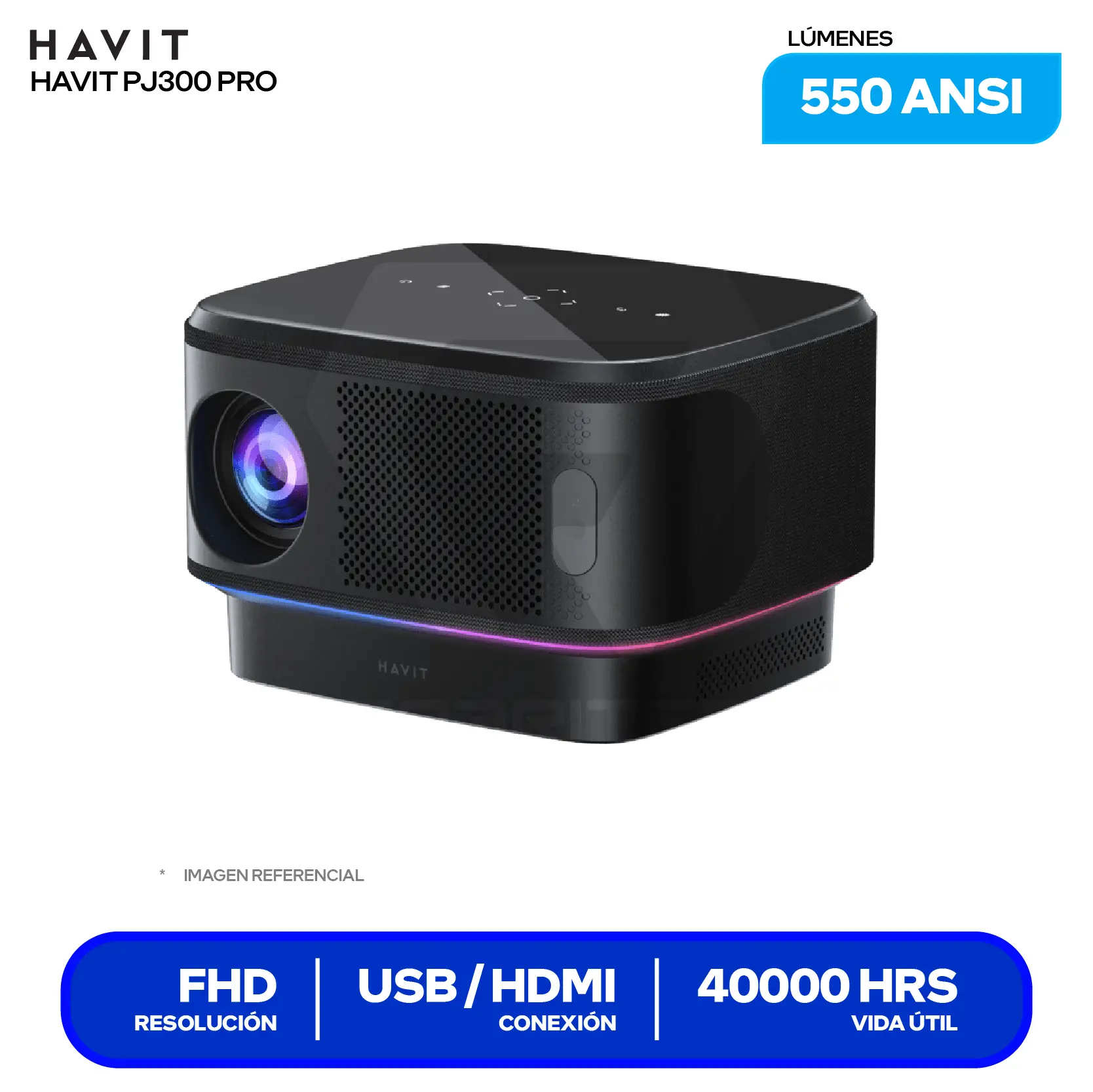 Proyector Havit PJ300 Pro Smart (HVPJ-PJ300PRO-US-BK)14,000 Lúmenes / 550 ANSI, Resolución 4K, Android TV 9.0