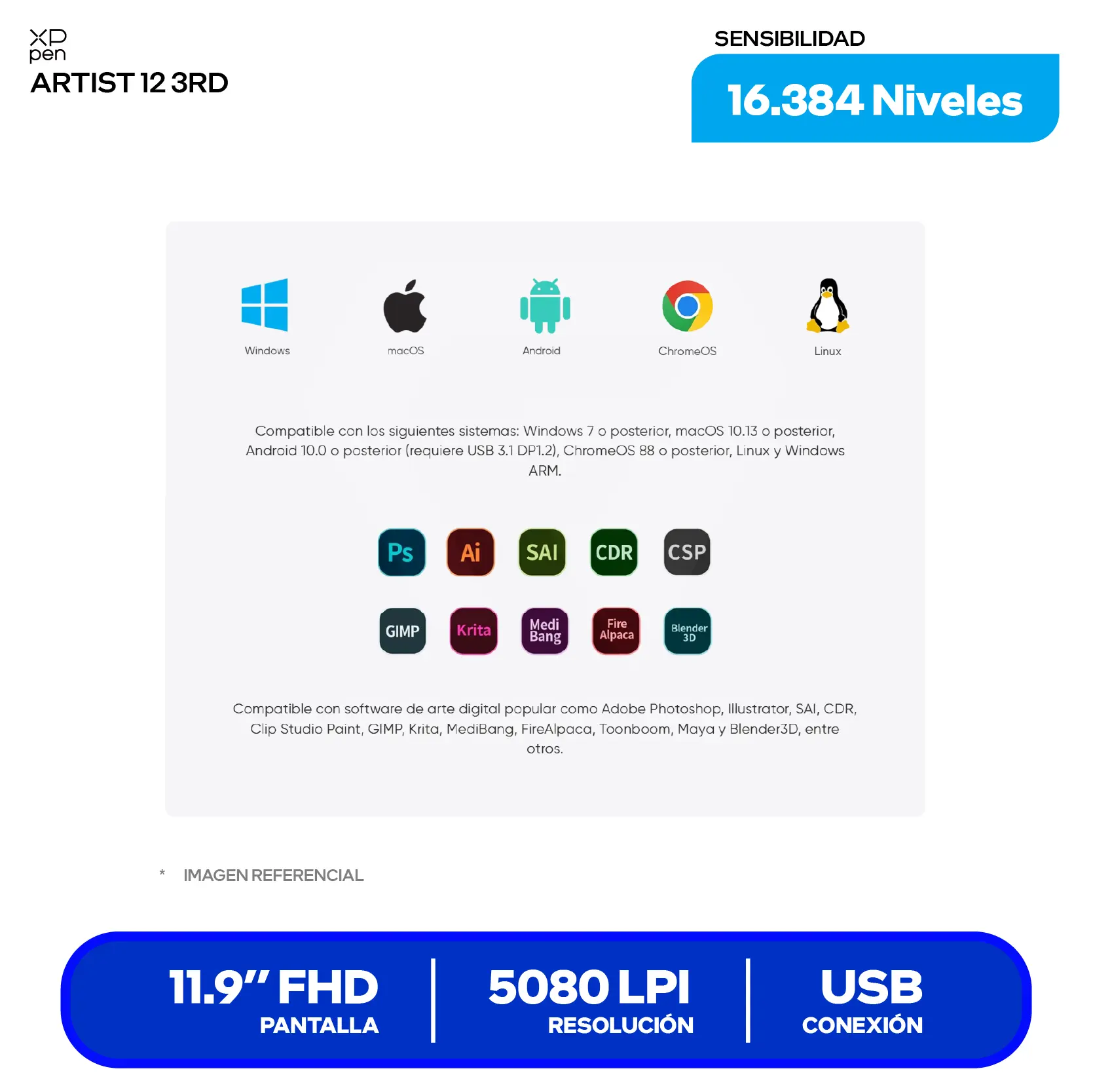 Tableta Gráfica XP-Pen Artist 12 11.9" (819041104) FHD, USB-C, Con lápiz