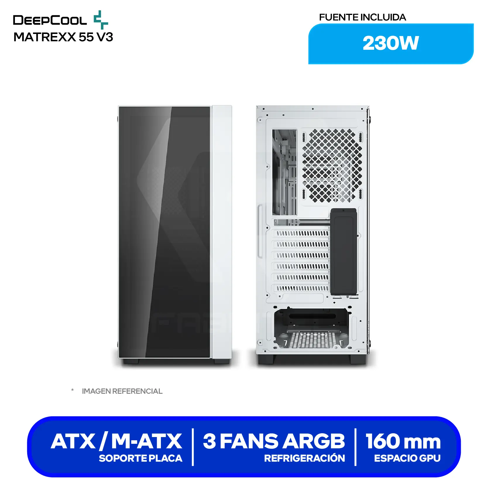 Case Gamer DeepCool Matrexx 55 V3 White (DP-ATX-MATREXX55V3-AR-WH-3F) Sin Fuente, Vidrio Templado, 3 Fans ARGB